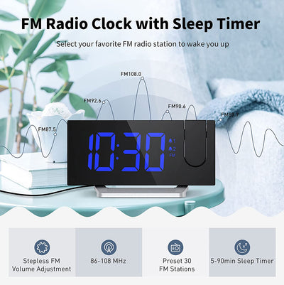 Clock Radios, Projection Alarm Clock with 0-100% Dimmer and FM Radio, Dual Alarm, 5 Alarm Sounds and 3-Level Volume, USB Charger, Clear Readout Digital Alarm Clock for Bedroom