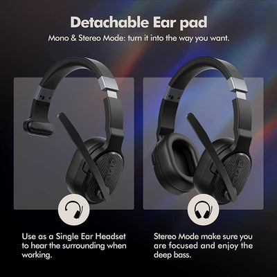 Mpow HC7 Bluetooth Headsets Over-Ear, Detachable Earpad Single/Dual Mode for Office