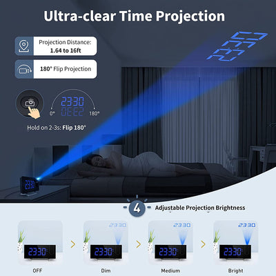 Clock Radios, Projection Alarm Clock with 0-100% Dimmer and FM Radio, Dual Alarm, 5 Alarm Sounds and 3-Level Volume, USB Charger, Clear Readout Digital Alarm Clock for Bedroom