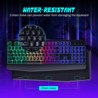 Gaming Keyboard, 7-Color Rainbow LED Backlit, 104 Keys Quiet Light Up Keyboard