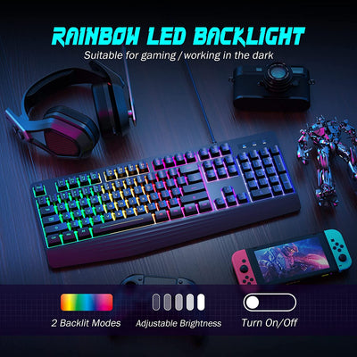 Gaming Keyboard, 7-Color Rainbow LED Backlit, 104 Keys Quiet Light Up Keyboard