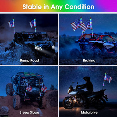 Whip Lights, Spring Base Chasing Light Spiral RGB Remote and APP Control, LED Chasing Whip Light 300 Flash Patterns for UTV ATV Off-Road Truck Sand Buggy Dune RZR Can-Am