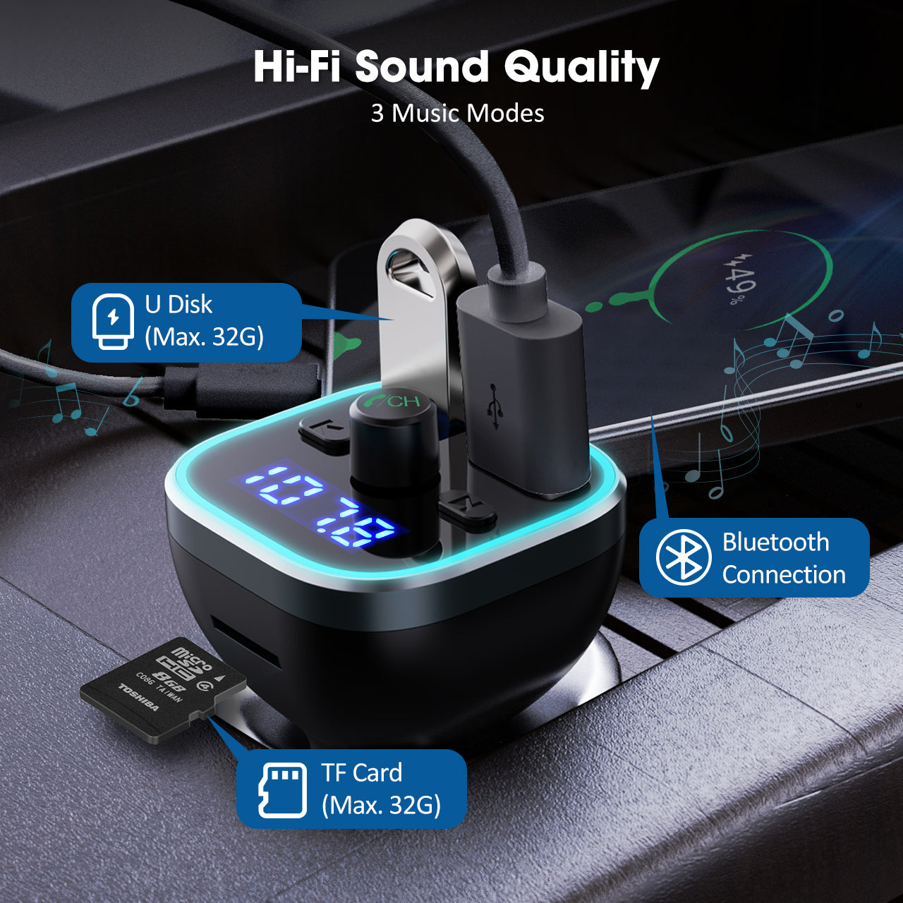 V5.0 Bluetooth FM Transmitter for Car, Hi-Fi Wireless Radio Adapter wi –  MPOW