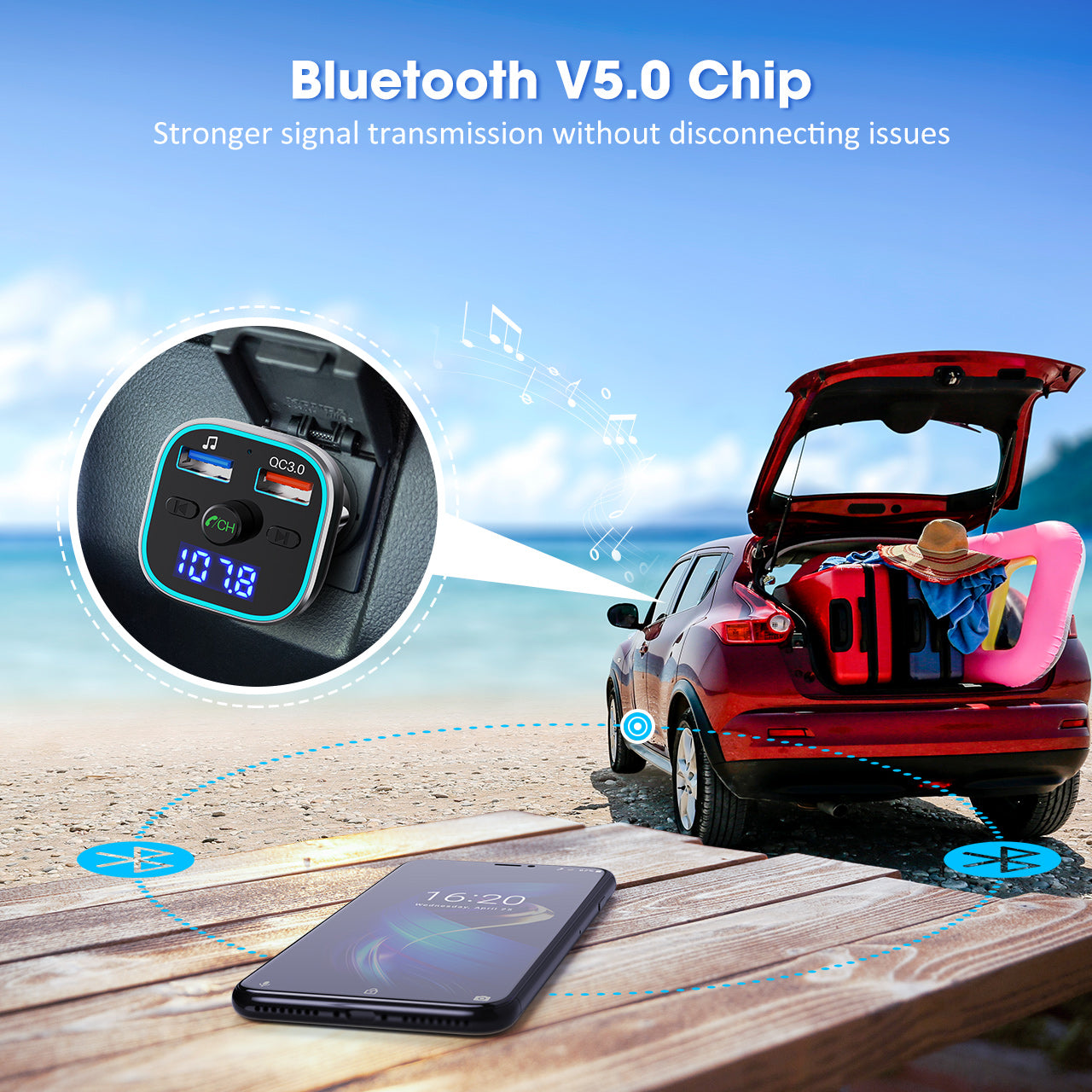 FM Transmitter Auto Bluetooth, HIDOU Wireless Bluetooth 5.0