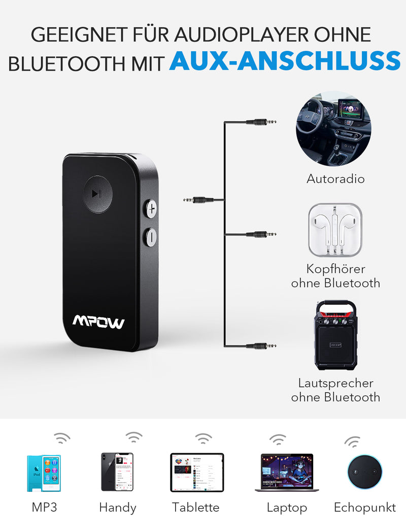Mpow Bluetooth 5.0 Receiver, Wireless Aux Bluetooth Adapter, Portable  Bluetooth Audio Adapter with Hands-free Calls and Voice Assistant for Car  and