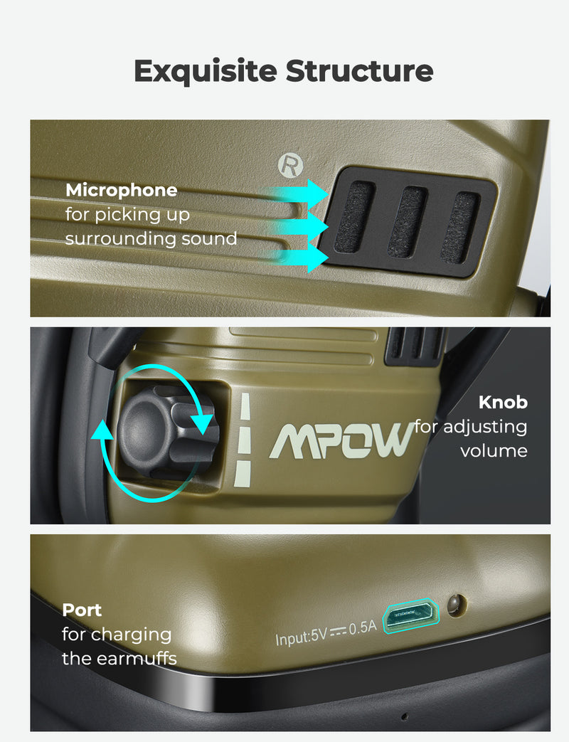MPOW HP094B Electronic Shooting Earmuffs, Rechargeable, NRR 22dB