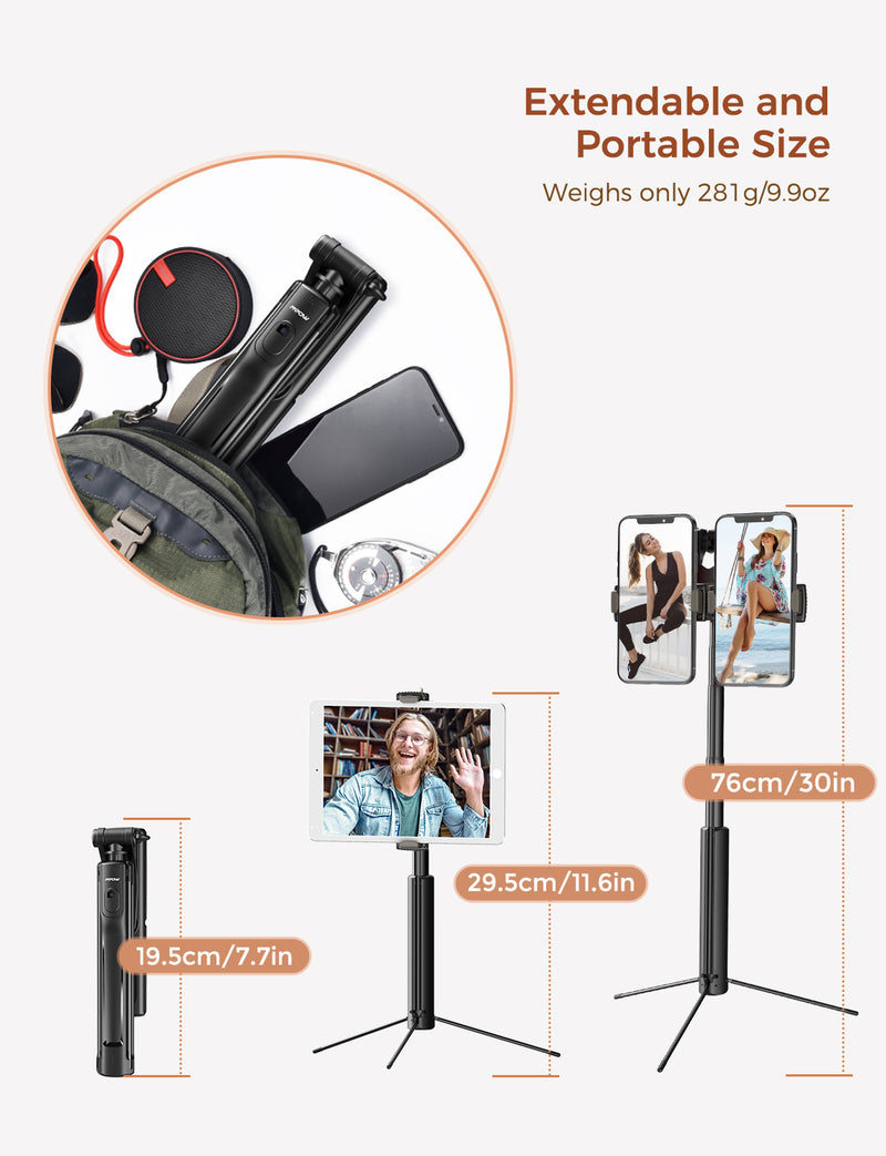 MPOW PA218A Selfie Stick Tripod with Dual Phone Holders