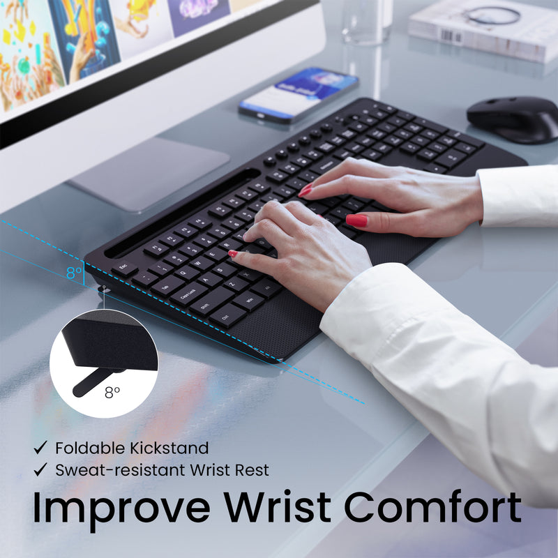 PC321 Ergonomic Wireless Keyboard Mouse Combo with Phone Holder & Shortcuts