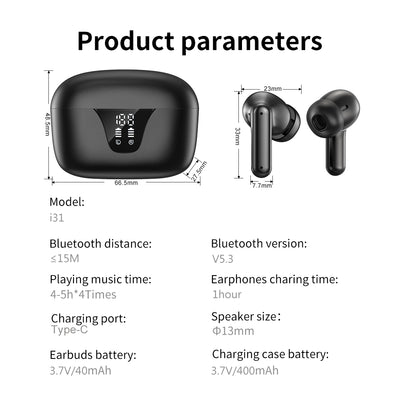 Wireless Earbuds, Bluetooth 5.3 Headphones 50H Playtime with LED Digital Display Charging Case, IPX5 Waterproof HiFi Stereo Earphones